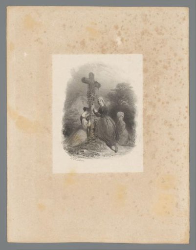 Three women praying outside by a cross
