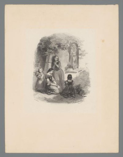 Four girls in adoration before a statue of Mary