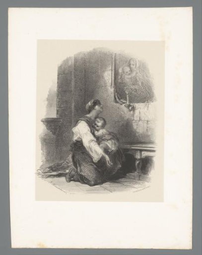 Woman with child worshipping a painting of the Virgin and Child in a church