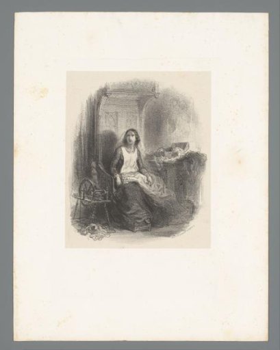 Young woman in a high armchair at a spinning wheel