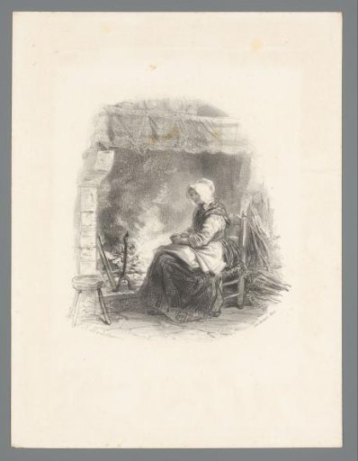 Older woman with apron and cap seated by the fireplace