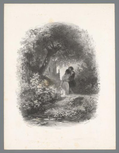Loving couple walking in a castle garden