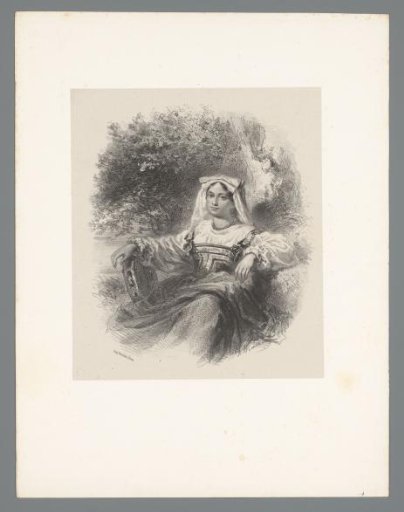 Seated woman with a tambourine under a tree