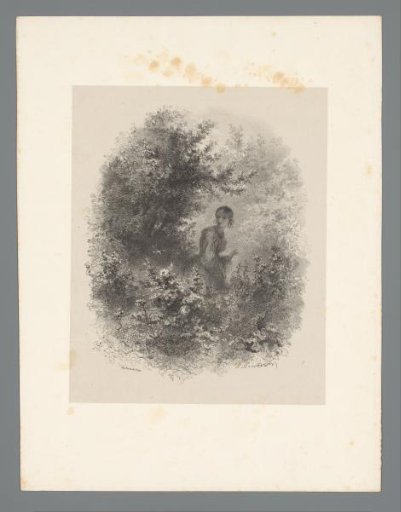 Young woman looking at a swallow among the greenery