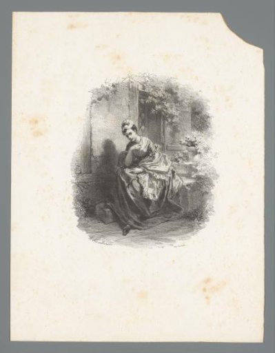 Young woman with a shawl on the pavement in front of a house overgrown with plants