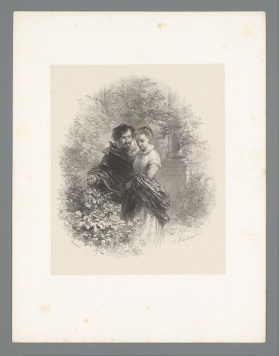 Man pointing out a rose bush to a woman