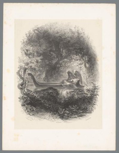 Angel sailing in a boat among the greenery