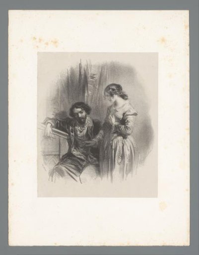 Seated, sorrowful-looking man beside a standing woman
