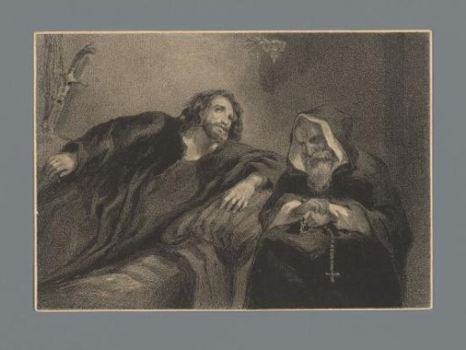Man on a couch next to a Roman Catholic clergyman