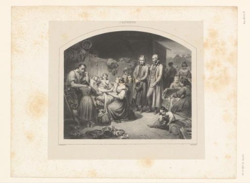 Traveling party with children resting in an open stable