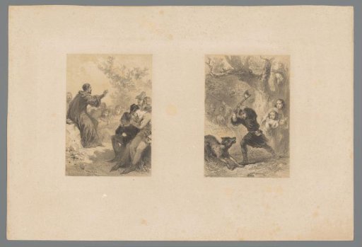 Depiction of Group Listening to a Cleric and Depiction of Boy Attacking Wolf or Dog with an Axe