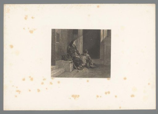 Woman and Boy Begging at a Staircase Entrance