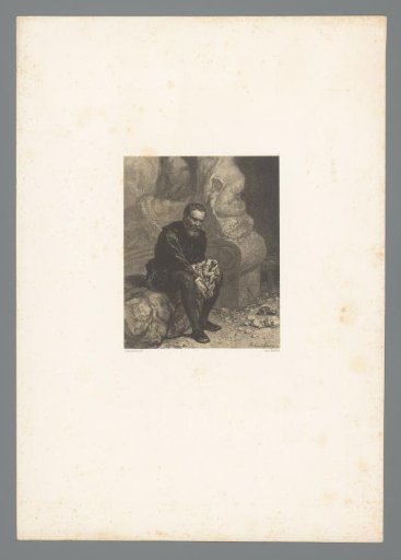 Distressed-looking Man Sitting with Small Sculpture Among Larger Statues