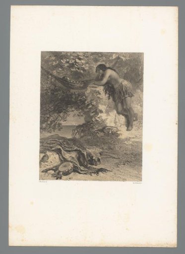 Woman in Raffia Skirt by Child in Hammock