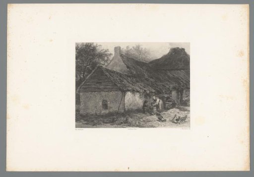 Farmhouse with woman and child on the yard