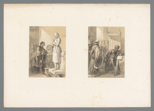 Depiction of Woman Looking at Statue of Nobleman and Depiction of Man in Long Cloak by Man in Dignified Chair