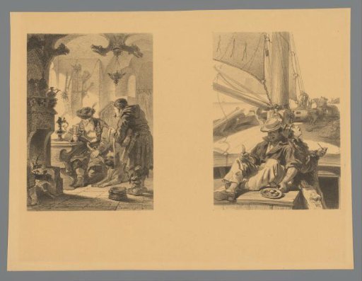 Seated Man with Drinking Glass and Dog and Two Men Aboard a Ship