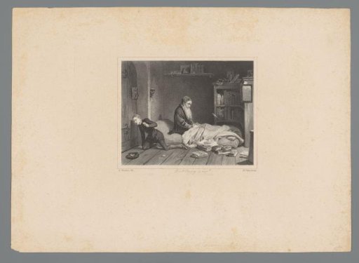 Boy listening at the door from the room while an old man sits upright on his mattress