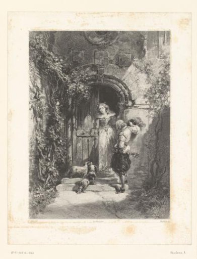 Page and richly dressed young woman at a doorway