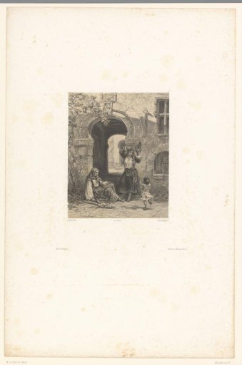 Child and woman with tambourine dancing before a gatehouse