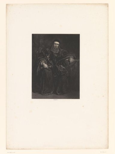 Seated man with beard and loose, dark cloak holding a closed book