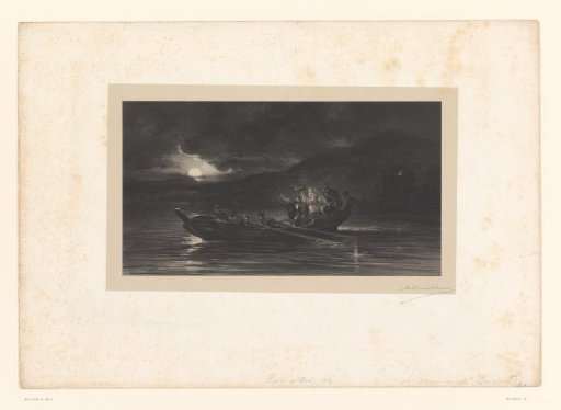 Rowing boat with six terrified passengers in the night