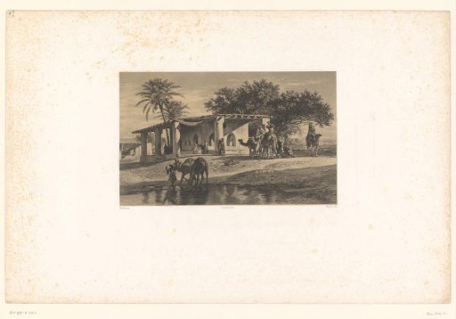 Caravan resting by water and buildings in a desert landscape