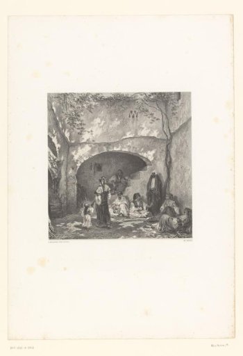Woman and child with headscarf walking in a courtyard in Algeria with seated people