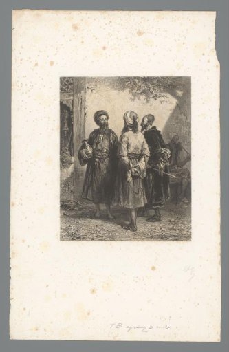 Three Jewish men with caps and turbans conversing outdoors