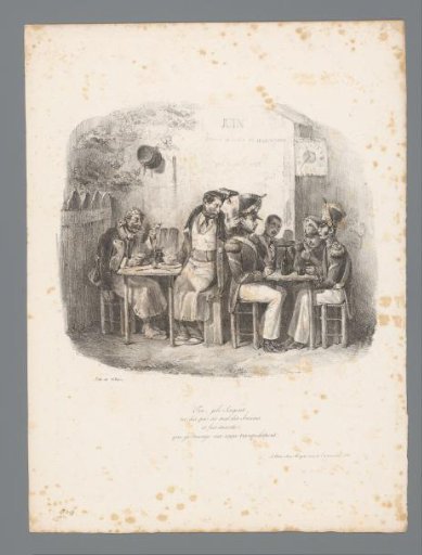 Soldiers and men sitting at table with food and drink