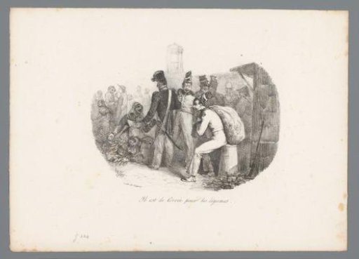 Left: soldier with market woman, right: Jean-Jean with a large sack over his shoulder