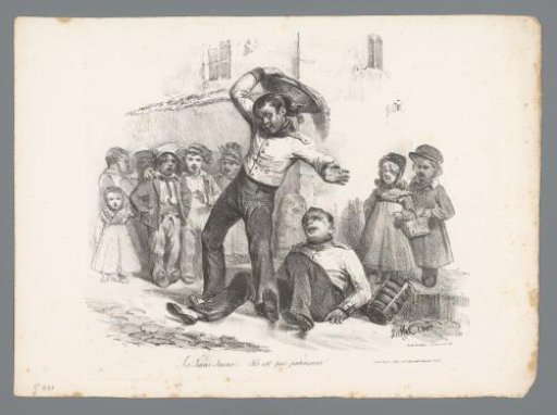 Jean-Jean with a soup tureen and comrade slip on the street