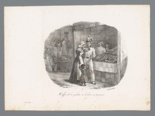 Jean-Jean stands with a woman and child in front of a confectioner's shop