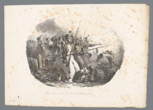 Jean-Jean with a rifle during a fight, two fallen comrades lie on the ground
