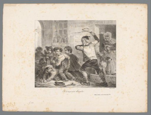 Man chases children away with a whip, woman with a bag of money and dog stand in the doorway