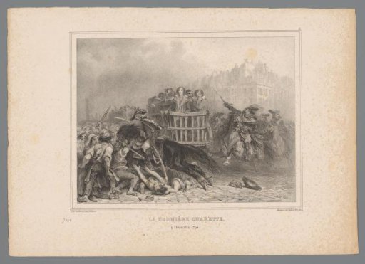 Men being transported by cart to the scaffold