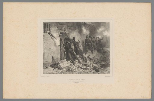 French soldiers in combat with the Arabs, commander Th. le Blanc lying dead in the street, 13 October 1837