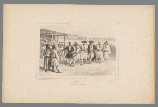 Musicians with six dancing men, 9 July 1837