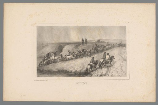 Carriage drawn by many horses driving onto the shore
