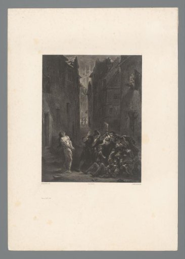 Nocturnal street scene with a desperate woman and a fallen man