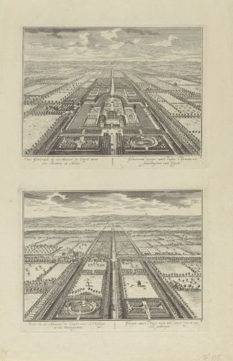 View of Slot Zeist and the surroundings in bird's-eye view / View from Slot Zeist of the village and surroundings