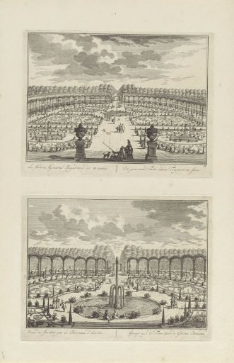 View of the gardens from the stairs at the rear of Slot Zeist / View of the garden of Slot Zeist from the berceau
