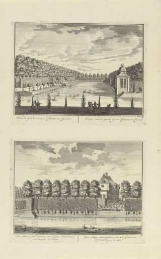 View of the pond, the pavilion and the cascade at Slot Zeist / View across the pond to the side of Slot Zeist
