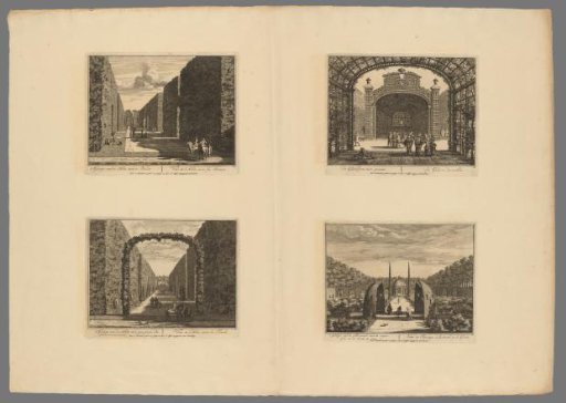 Statue gallery in the garden / Avenue with arches covered in vegetation / Garden galleries covered in vegetation / Orchard