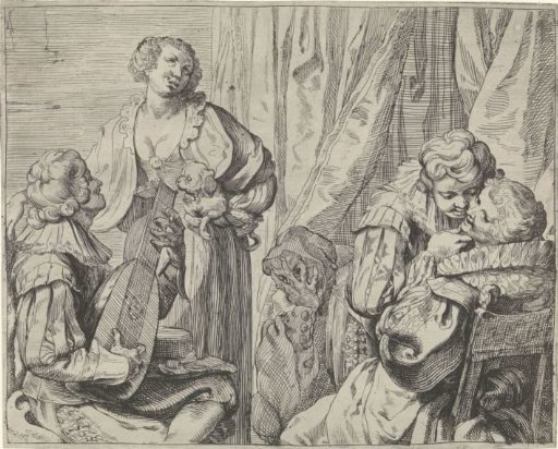 Young lovers and a fool in an interior