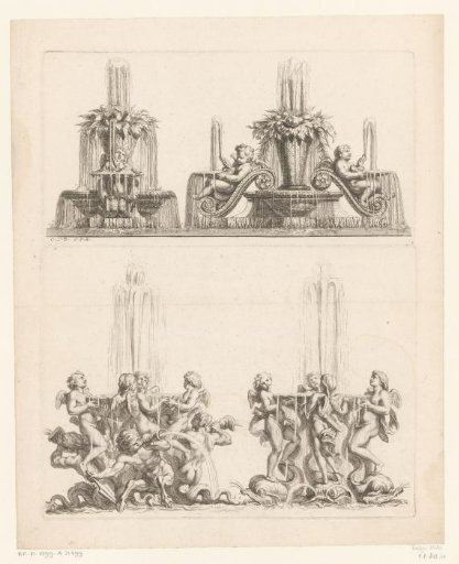 Fountains with putti, mermaids and dolphins