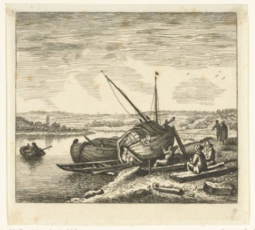 River view with a man caulking a boat