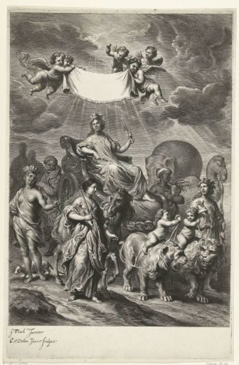 Female personification of Geography on a triumphal chariot and the continents America, Africa, Asia and Europe