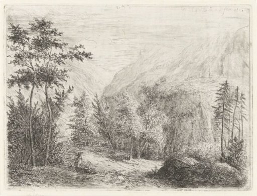 Mountain landscape with a resting figure by the road