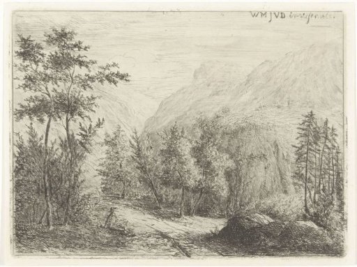 Mountain landscape with a resting figure by the road